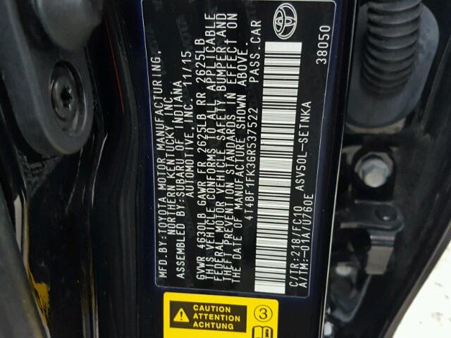 4T4BF1FK3GR537522 - 2016 TOYOTA CAMRY LE 黑色 照片 10