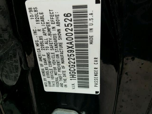 1HGCG2259XA002526 - 1999 HONDA ACCORD EX BLACK photo 10