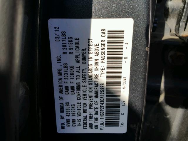 1HGCP2F43CA125928 - 2012 HONDA ACCORD LXP GRAY photo 10