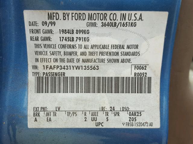 1FAFP3431YW135563 - 2000 FORD FOCUS SE BLUE photo 10