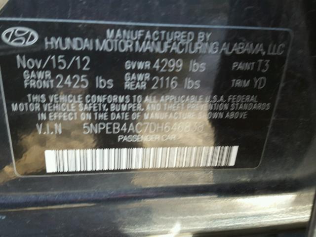 5NPEB4AC7DH646838 - 2013 HYUNDAI SONATA GLS GRAY photo 10