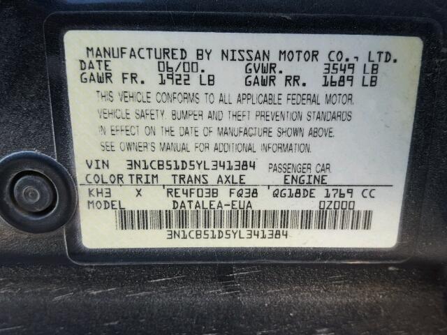 3N1CB51D5YL341384 - 2000 NISSAN SENTRA BAS BLACK photo 10