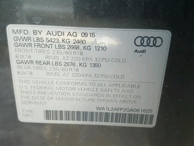 WA1L2AFP2GA061625 - 2016 AUDI Q5 PREMIUM GRAY photo 10