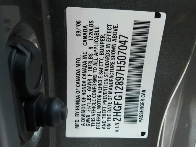 2HGFG12897H507047 - 2007 HONDA CIVIC EX GRAY photo 10