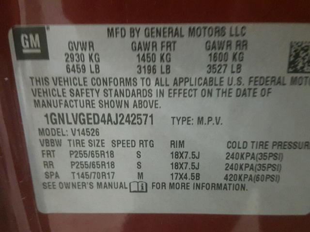 1GNLVGED4AJ242571 - 2010 CHEVROLET TRAVERSE L RED photo 10