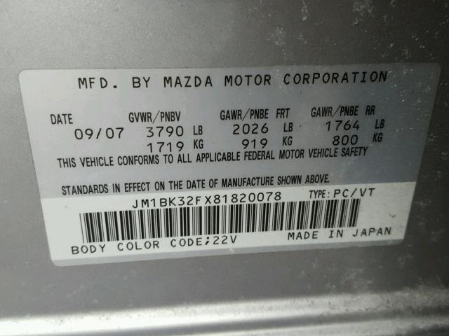 JM1BK32FX81820078 - 2008 MAZDA 3 I SILVER photo 10