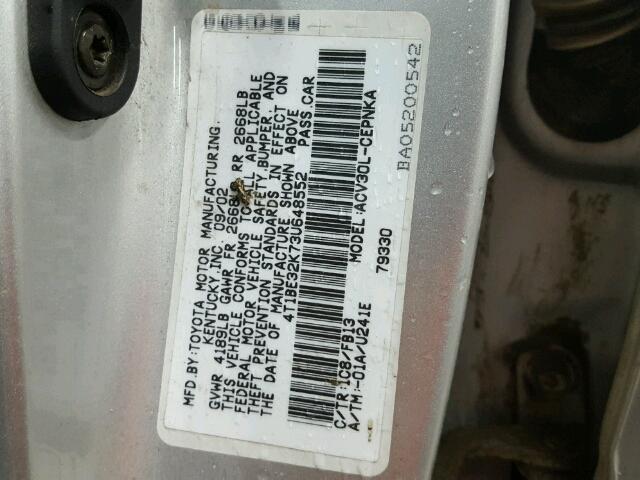 4T1BE32K73U648552 - 2003 TOYOTA CAMRY LE ვერცხლისფერი ფოტო 10