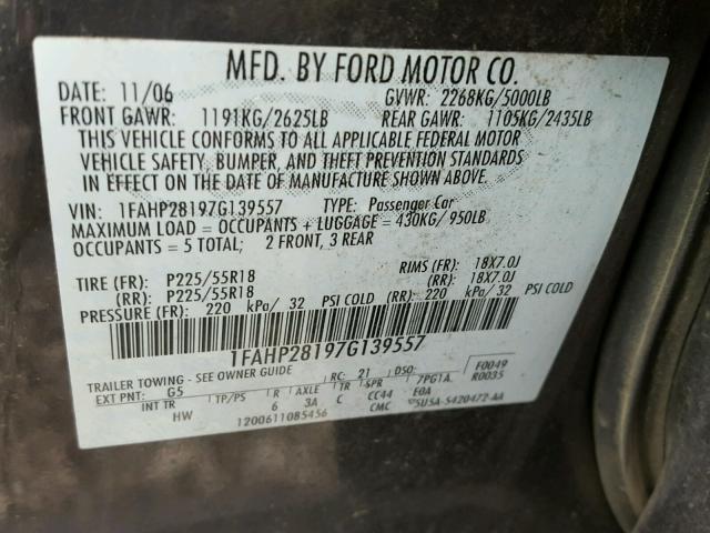 1FAHP28197G139557 - 2007 FORD FIVE HUNDR GRAY photo 10