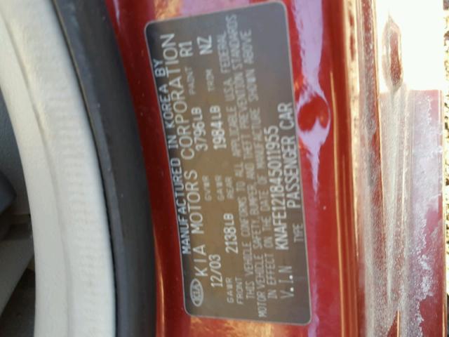 KNAFE121845011955 - 2004 KIA NEW SPECTR RED photo 10