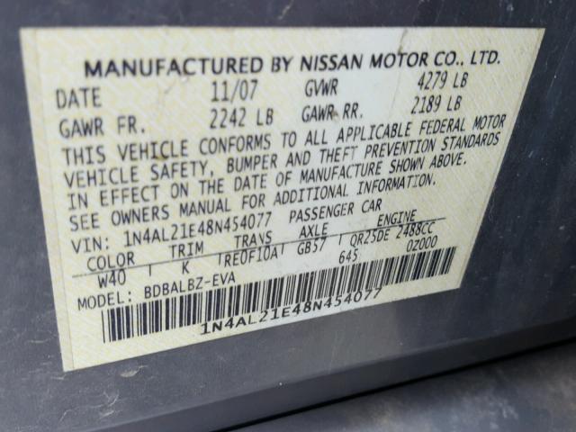 1N4AL21E48N454077 - 2008 NISSAN ALTIMA 2.5 GRAY photo 10