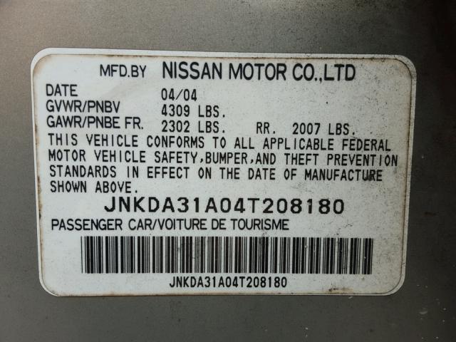 JNKDA31A04T208180 - 2004 INFINITI I35 SILVER photo 10