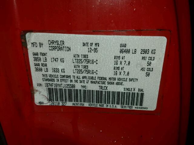 1B7HF16YXTJ125588 - 1996 DODGE RAM 1500 RED photo 10