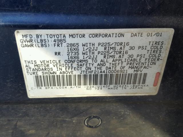 JTEHF21A410006921 - 2001 TOYOTA HIGHLANDER BLUE photo 10