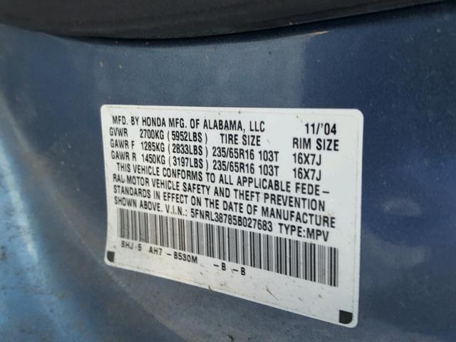 5FNRL38785B027683 - 2005 HONDA ODYSSEY EX BLUE photo 10