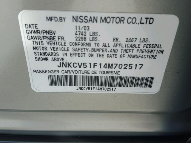 JNKCV51F14M702517 - 2004 INFINITI G35 SILVER photo 10