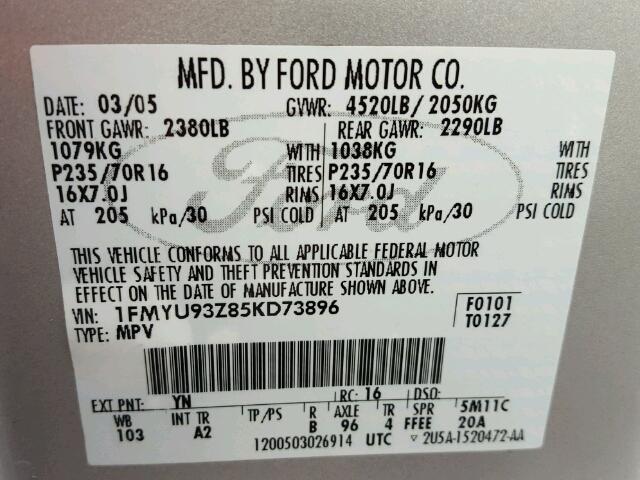 1FMYU93Z85KD73896 - 2005 FORD ESCAPE XLT SILVER photo 10