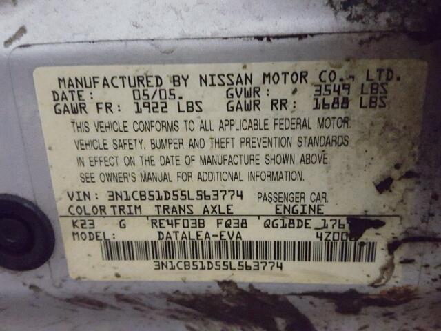 3N1CB51D55L563774 - 2005 NISSAN SENTRA 1.8 SILVER photo 10