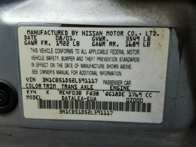 3N1CB51D52L591117 - 2002 NISSAN SENTRA XE SILVER photo 10