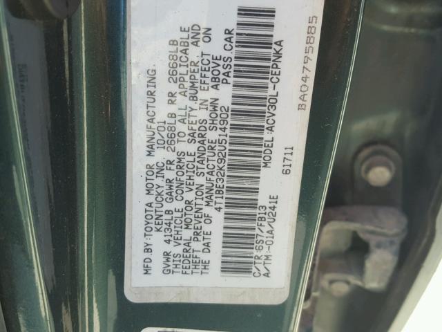 4T1BE32K92U514902 - 2002 TOYOTA CAMRY LE GREEN photo 10