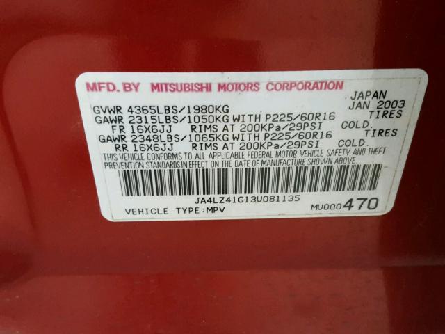 JA4LZ41G13U081135 - 2003 MITSUBISHI OUTLANDER RED photo 10