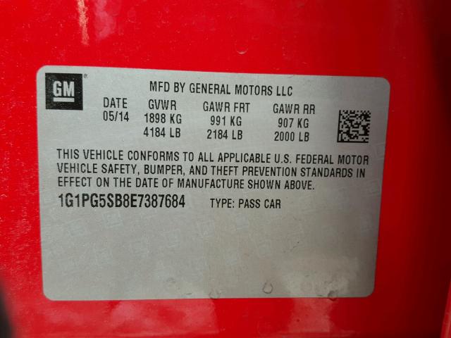 1G1PG5SB8E7387684 - 2014 CHEVROLET CRUZE LTZ RED photo 10