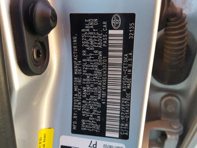 4T1BF1FK6EU430701 - 2014 TOYOTA CAMRY L SILVER photo 10