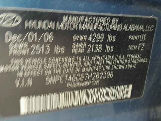 5NPET46C67H262396 - 2007 HYUNDAI SONATA GLS BLUE photo 10