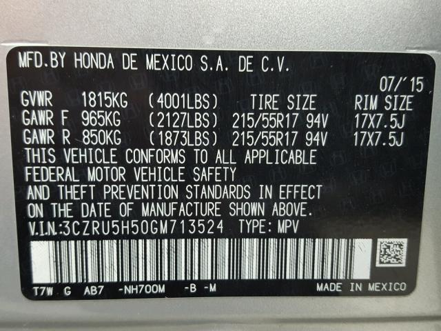 3CZRU5H50GM713524 - 2016 HONDA HR-V EX SILVER photo 10