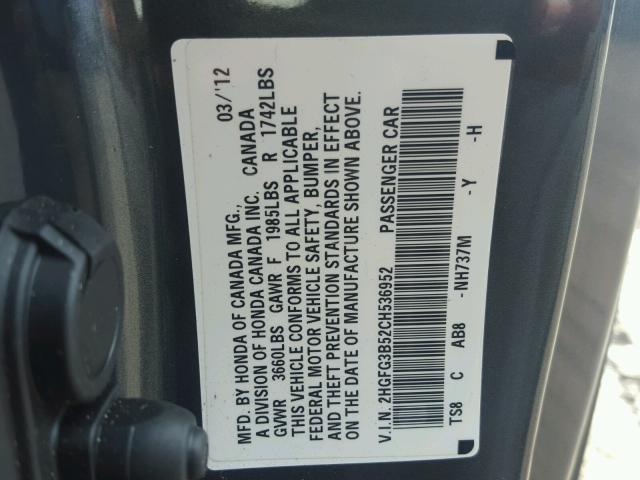 2HGFG3B52CH536952 - 2012 HONDA CIVIC LX SILVER photo 10