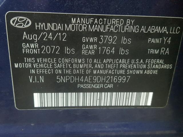 5NPDH4AE9DH216997 - 2013 HYUNDAI ELANTRA GL BLUE photo 10