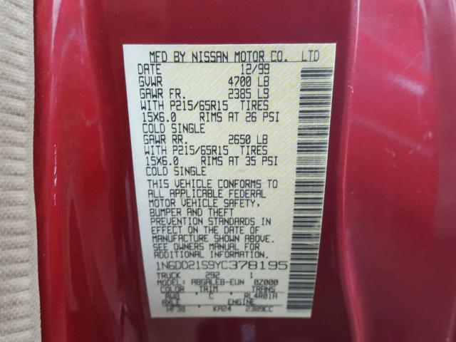 1N6DD21S9YC378195 - 2000 NISSAN FRONTIER X MAROON photo 10