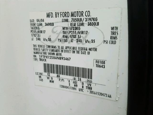 1FTPX125X4NB93467 - 2004 FORD F150 WHITE photo 10