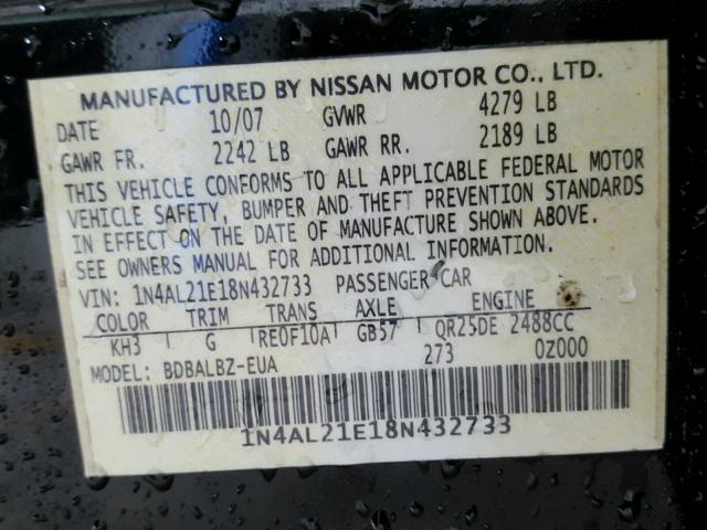 1N4AL21E18N432733 - 2008 NISSAN ALTIMA 2.5 BLACK photo 10