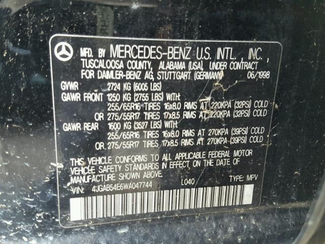 4JGAB54E6WA047744 - 1998 MERCEDES-BENZ ML 320 BLACK photo 10