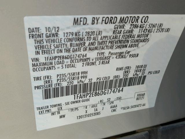 1FAHP2E86DG174764 - 2013 FORD TAURUS SEL SILVER photo 10