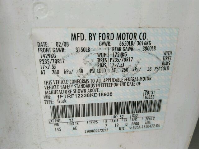 1FTRF12238KD16938 - 2008 FORD F150 WHITE photo 10