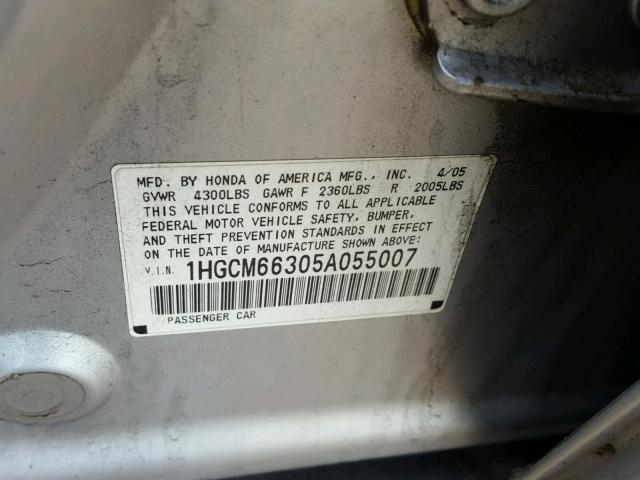 1HGCM66305A055007 - 2005 HONDA ACCORD LX SILVER photo 10