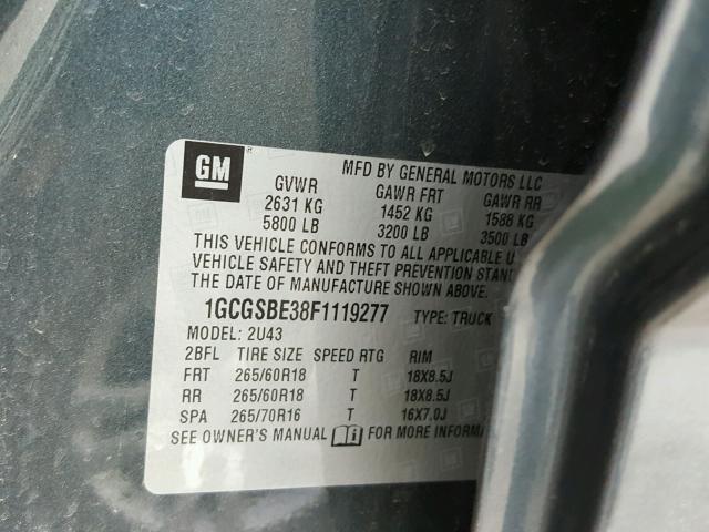 1GCGSBE38F1119277 - 2015 CHEVROLET COLORADO L GRAY photo 10