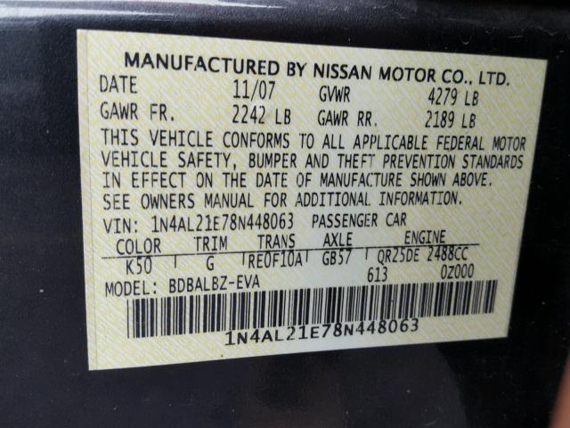 1N4AL21E78N448063 - 2008 NISSAN ALTIMA 2.5 CHARCOAL photo 10