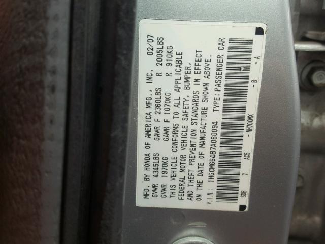 1HGCM66487A060094 - 2007 HONDA ACCORD SE SILVER photo 10