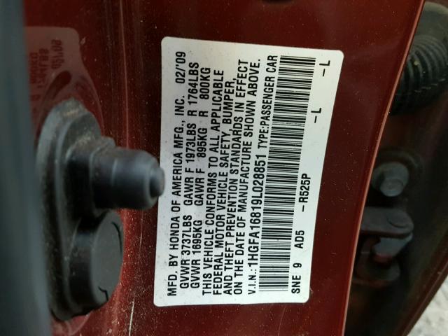 1HGFA16819L028851 - 2009 HONDA CIVIC EX BURGUNDY photo 10