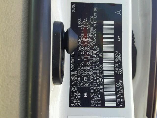 JTJBT20XX70143330 - 2007 LEXUS GX 470 WHITE photo 10