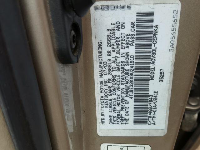 4T1BE32KX3U241910 - 2003 TOYOTA CAMRY LE GOLD photo 10