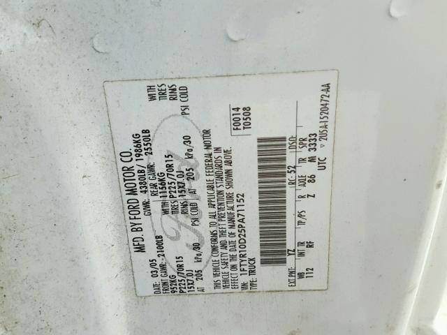 1FTYR10D25PA71152 - 2005 FORD RANGER WHITE photo 10