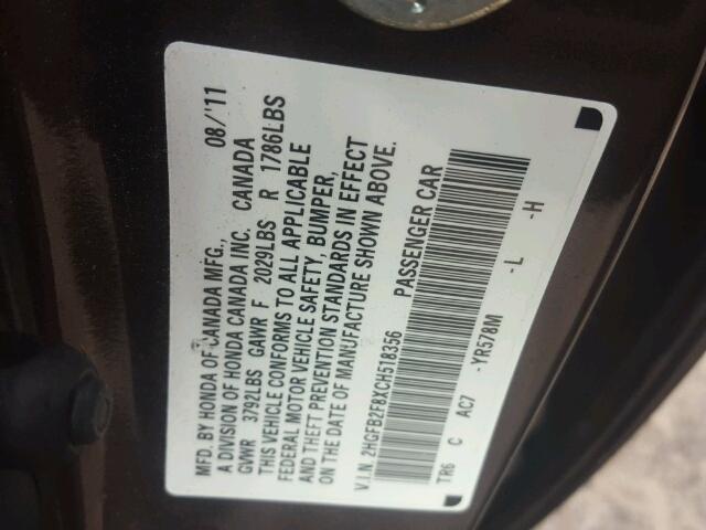 2HGFB2F8XCH518356 - 2012 HONDA CIVIC EX ნაცრისფერი ფოტო 10