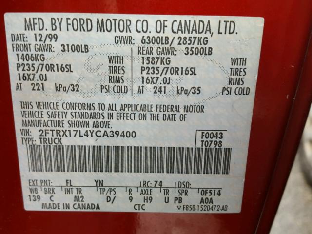 2FTRX17L4YCA39400 - 2000 FORD F150 MAROON photo 10