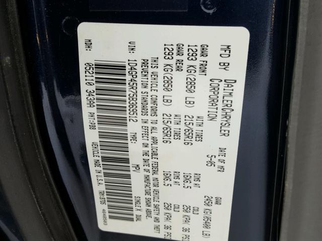 1D4GP45R75B369512 - 2005 DODGE CARAVAN SX BLUE photo 10