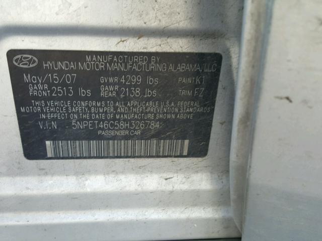 5NPET46C58H326784 - 2008 HYUNDAI SONATA GLS SILVER photo 10