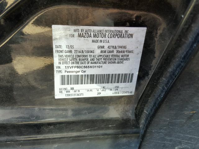 1YVFP80C565M31101 - 2006 MAZDA 6 I BLACK photo 10