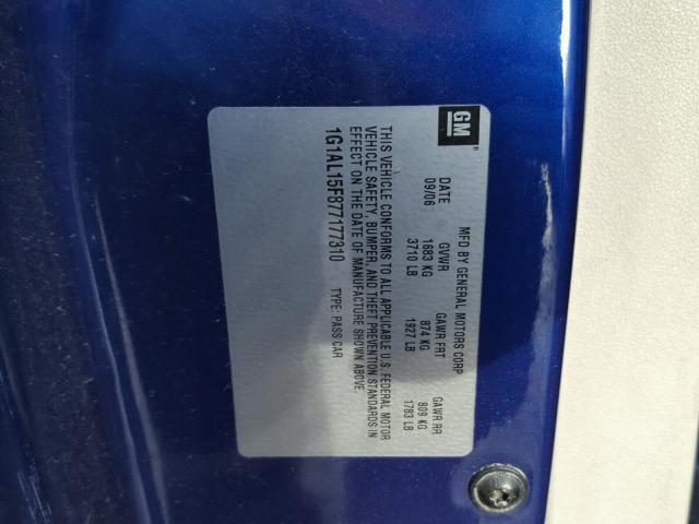 1G1AL15F877177310 - 2007 CHEVROLET COBALT LT BLUE photo 10